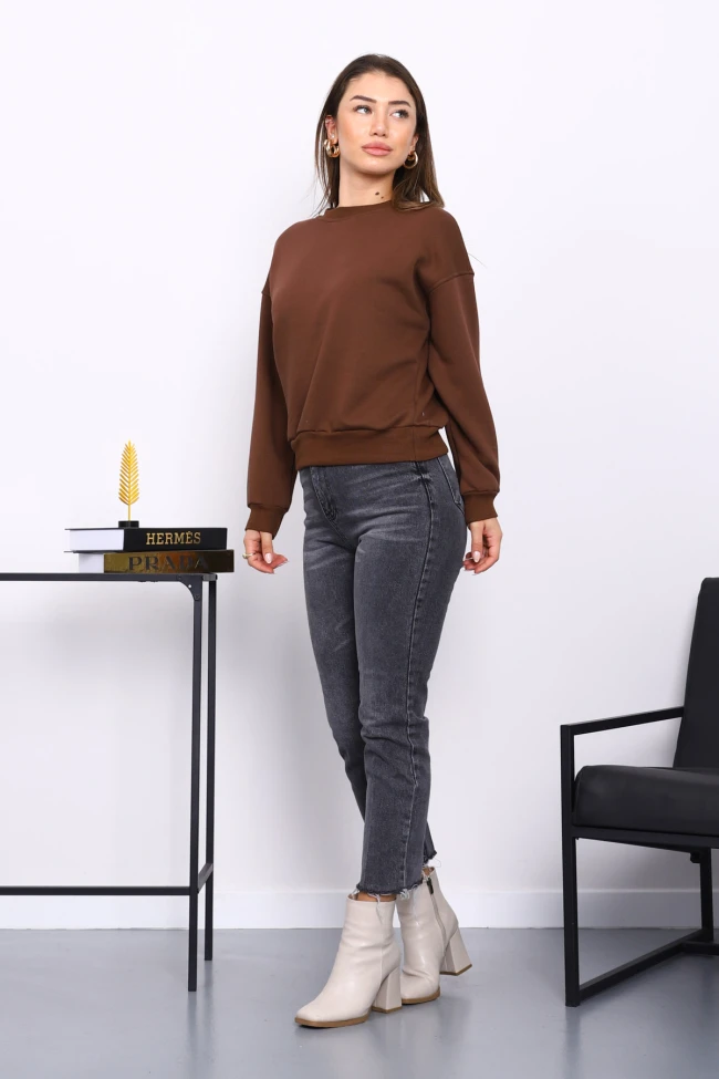 Kahverengi Bisiklet Yaka Üç İplik Sweat