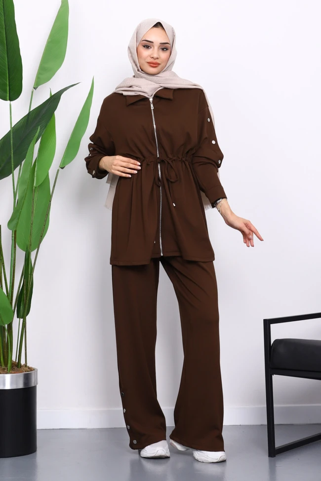 Kahverengi Çıtçıt Detaylı Tunik Pantolonlu Modal Takım