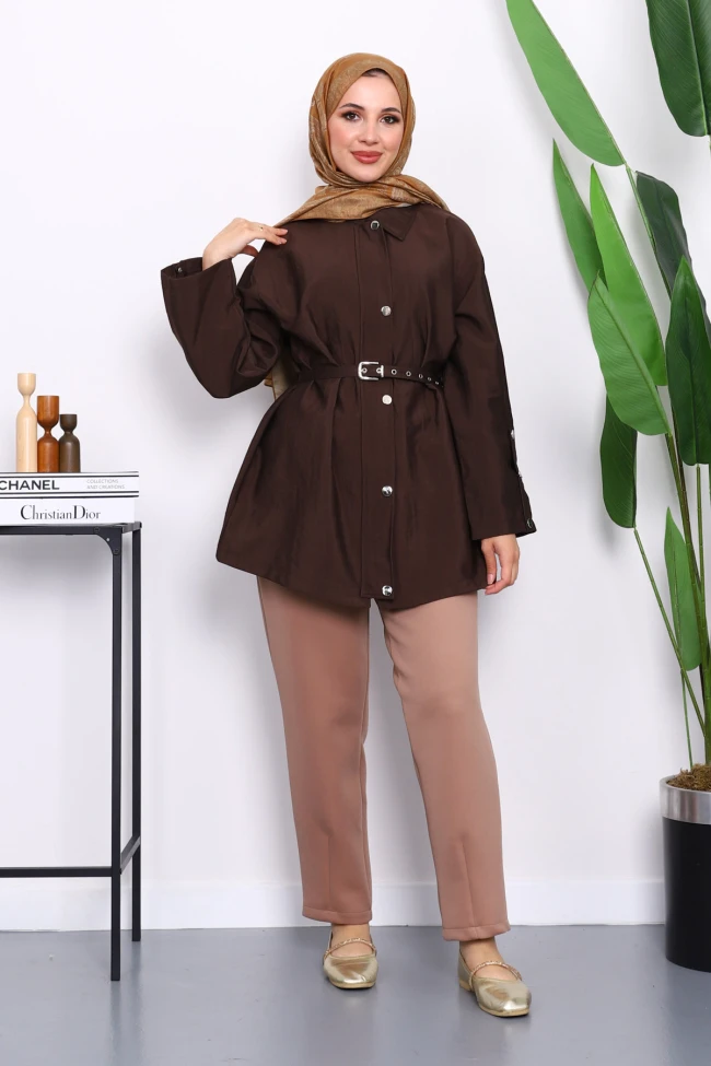 Kahverengi Çıtçıt Düğmeli Fermuarlu Tunik Gömlek