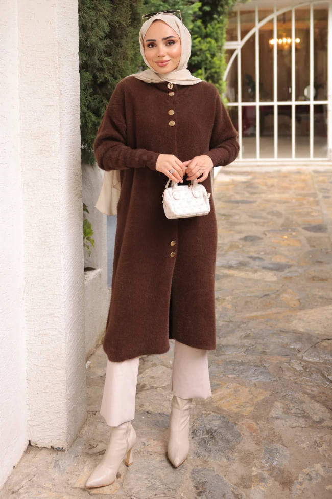 Kahverengi Düğmeli Angora Yumoş Triko Hırka