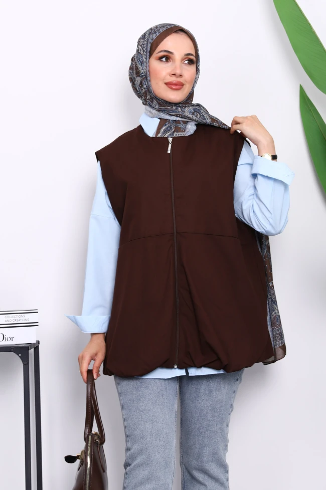 Kahverengi Fermuarlı Oversize Astarlı Yelek