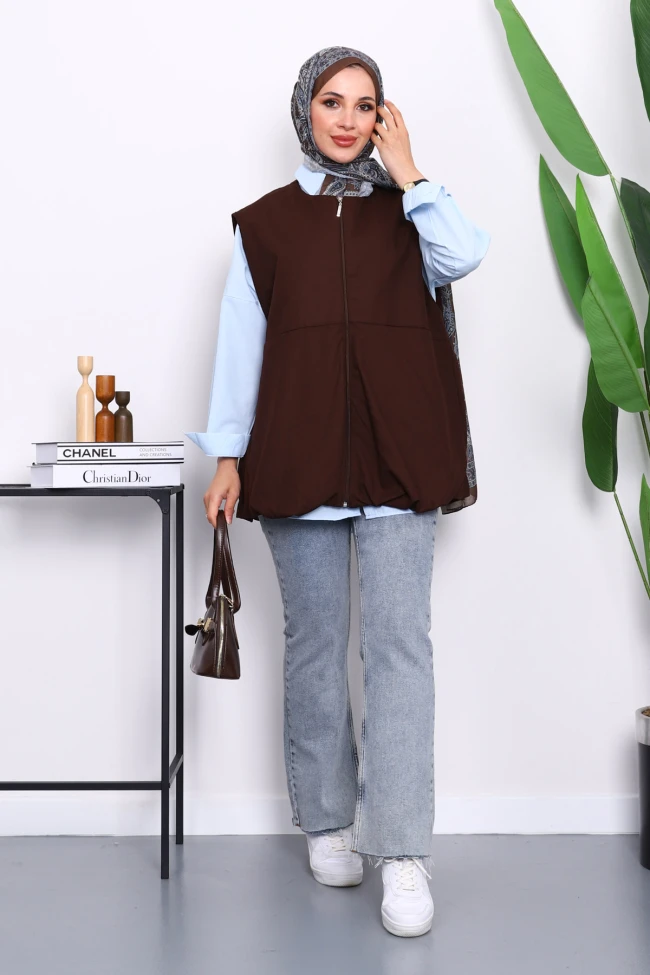 Kahverengi Fermuarlı Oversize Astarlı Yelek