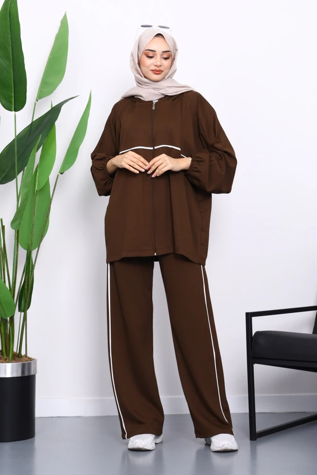Kahverengi Fermuarlı Sweat Pantolonlu Modal Takım