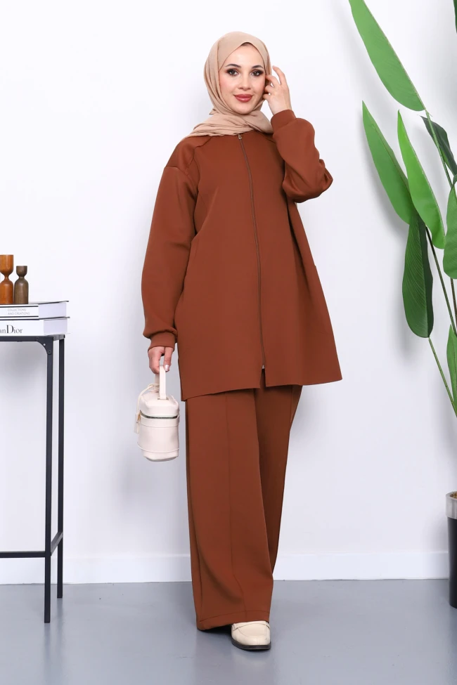 Kahverengi Fermuarlı Tunik Pantolonlu Takım