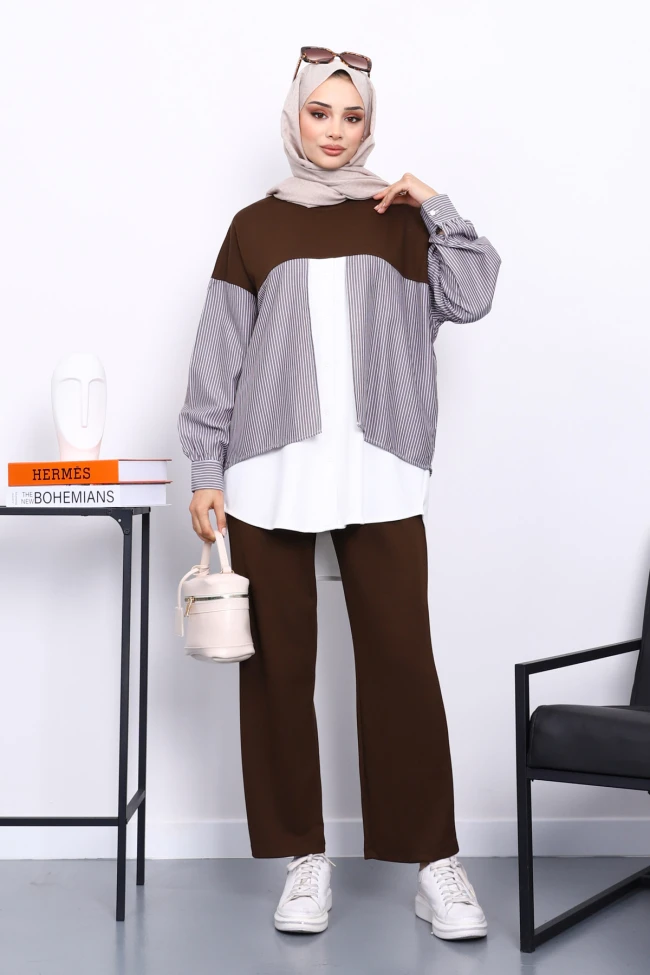 Kahverengi Garnili Tunik Pantolonlu Modal Takım