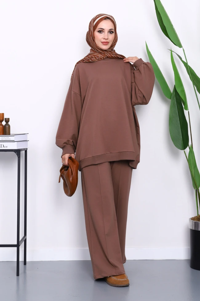 Kahverengi İki İplik Oversize Pantolonlu Takım