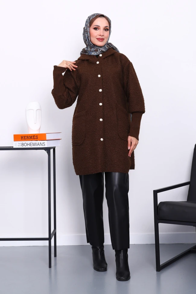 Kahverengi Kapşonlu Buklet Kaban