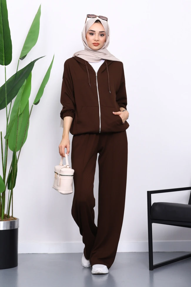 Kahverengi Kapşonlu Fermuarlı Kanguru Cepli Modal Takım