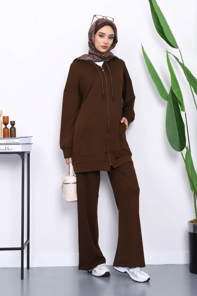 Kahverengi Kapüşonlu Modal Tunik Pantolonlu Takım