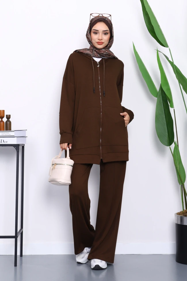 Kahverengi Kapüşonlu Modal Tunik Pantolonlu Takım