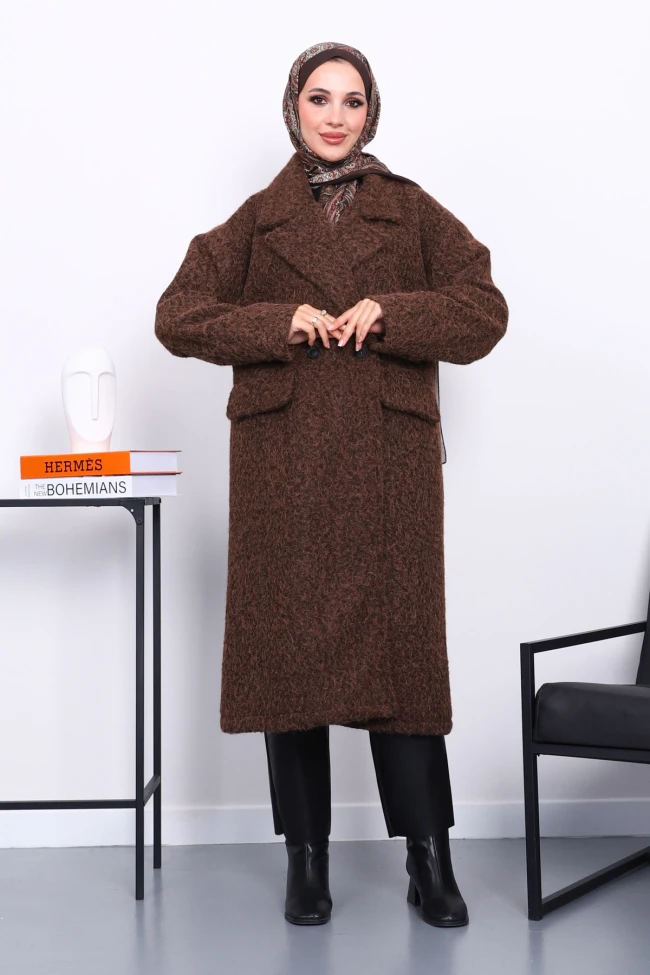 Kahverengi Kruvaze Yaka Astarlı Kaşe Kaban