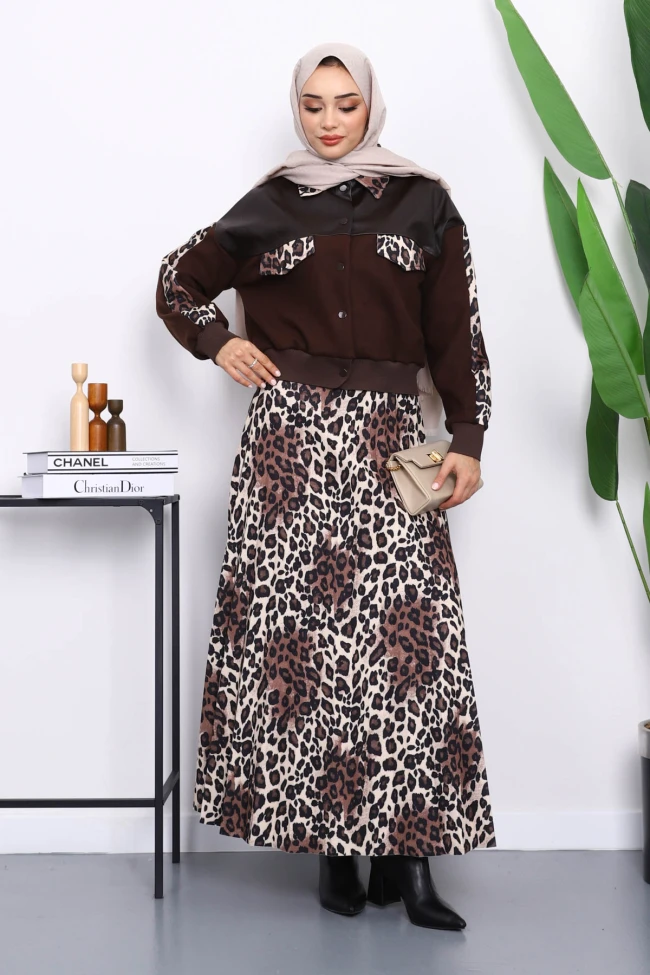 Kahverengi Leopar Desenli Ceket Etekli Takım
