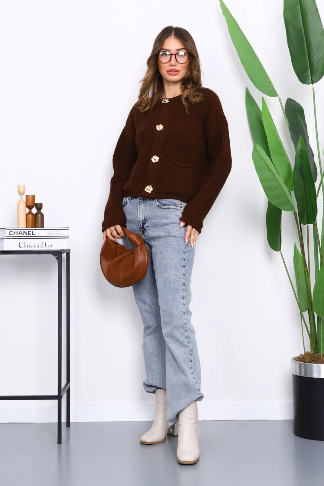 Kahverengi Selanik Örgülü Kısa Triko Hırka