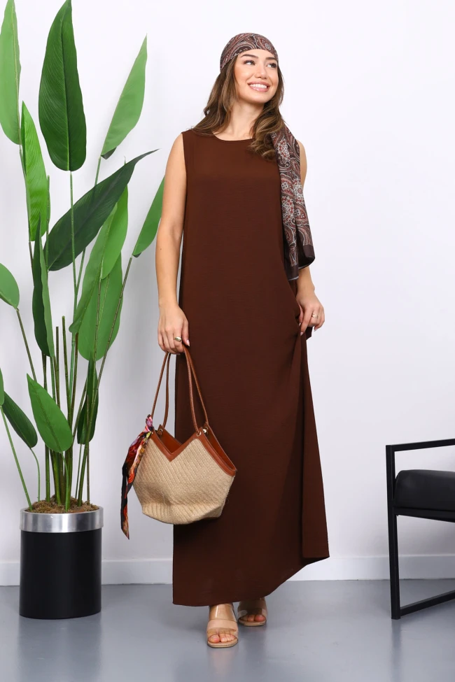 Kahverengi Sıfır Kol Ayrobin Tesettür İçlik Elbise