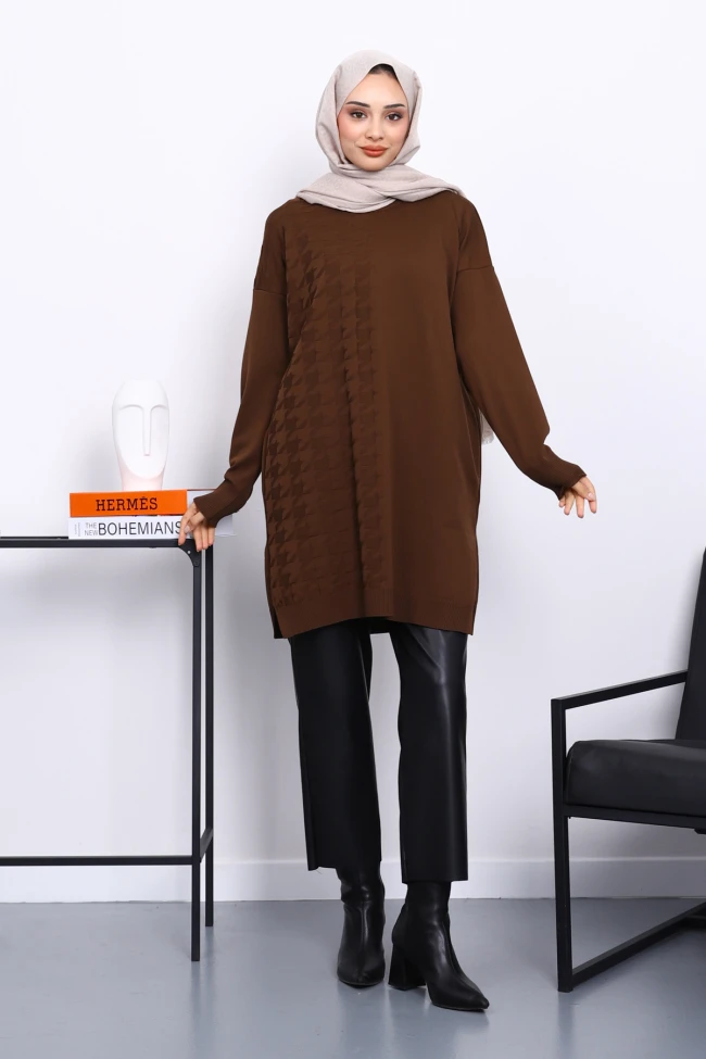Kahverengi Soğuk İplik Merserize Triko Tunik