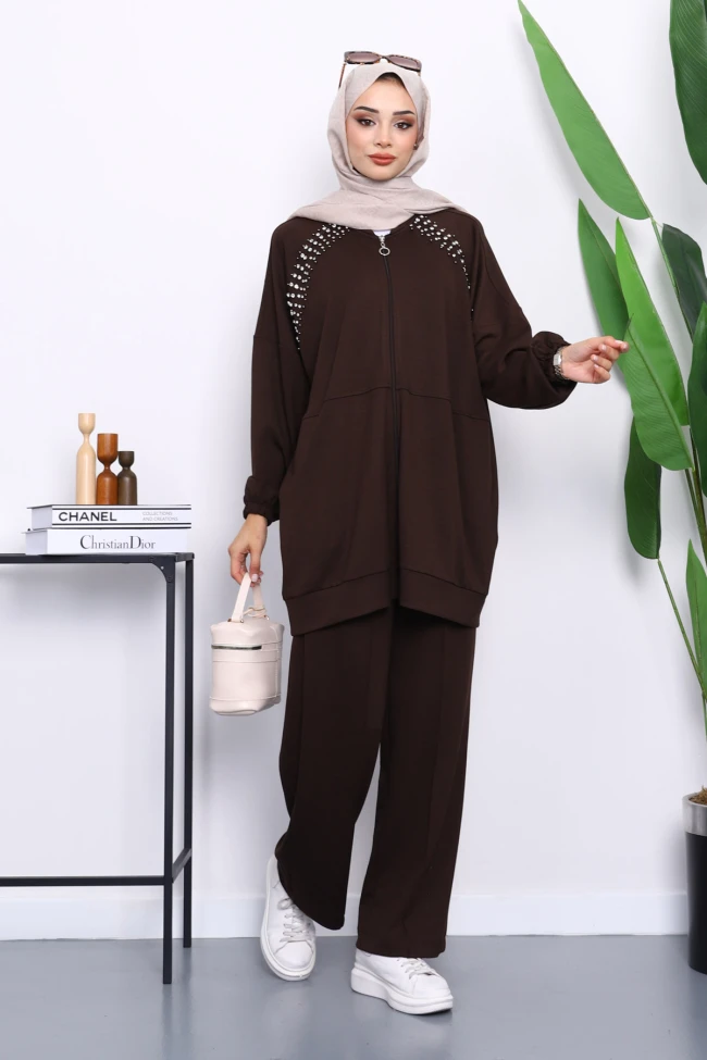 Kahverengi Taş Detaylı Fermuarlı Pantolonlu Tunik Modal Takım