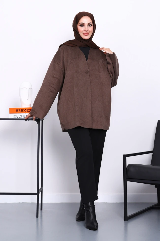 Kahverengi Tek Düğmeli Kaşe Ceket