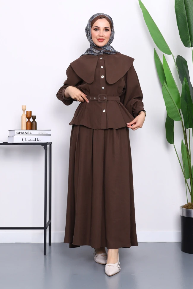 Kahverengi Yaka Detaylı Gömlek Etekli Takım