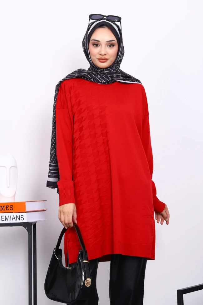 Kırmızı Soğuk İplik Merserize Triko Tunik