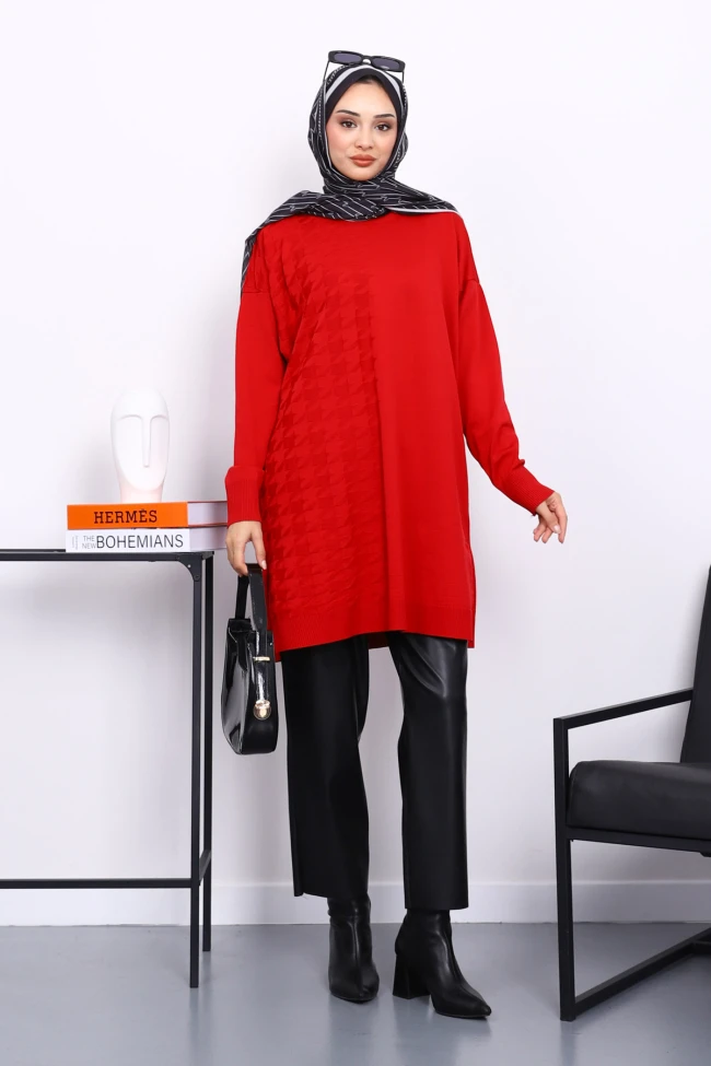 Kırmızı Soğuk İplik Merserize Triko Tunik