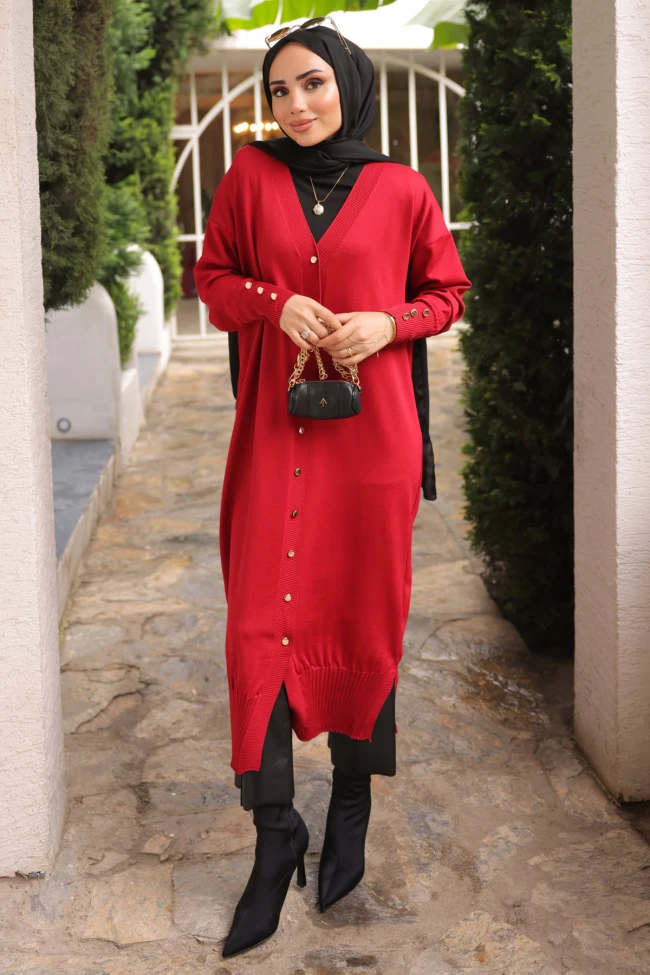 Kırmızı Soğuk İplik Triko Hırka