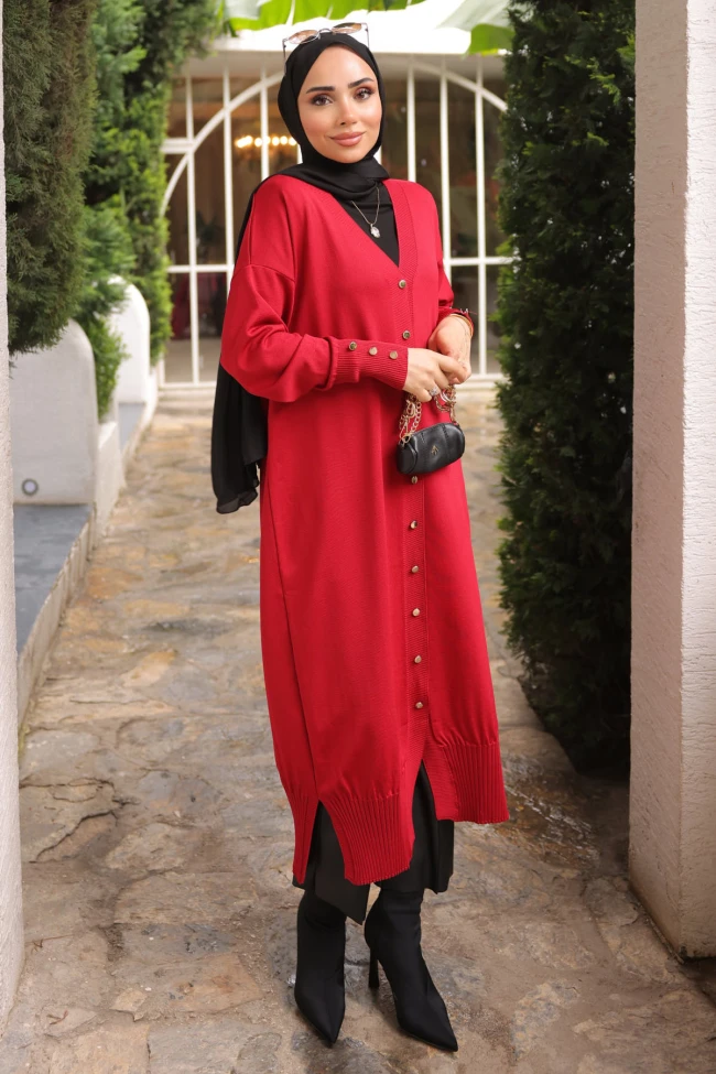 Kırmızı Soğuk İplik Triko Hırka