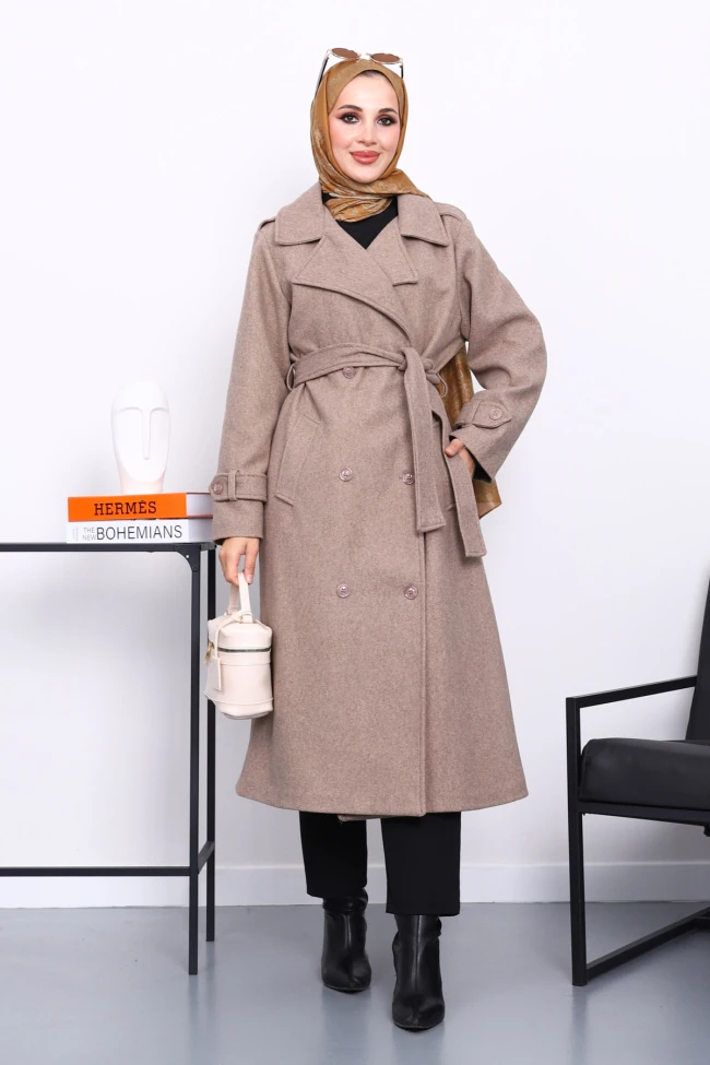 Koyu Bej Kruvaze Yaka Kuşaklı Kaşe Kaban