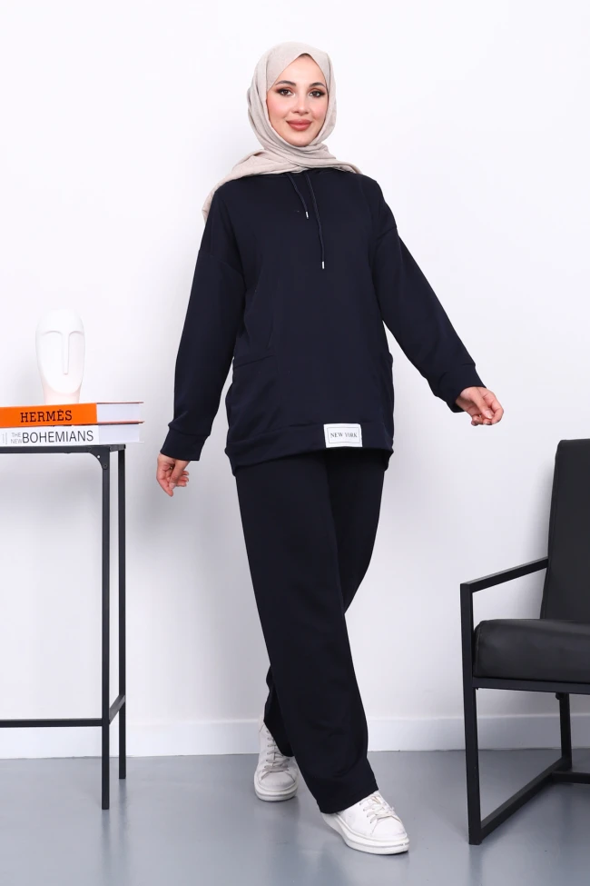 Koyu Lacivert Önü Etiketli İki İplik Tesettür Takım