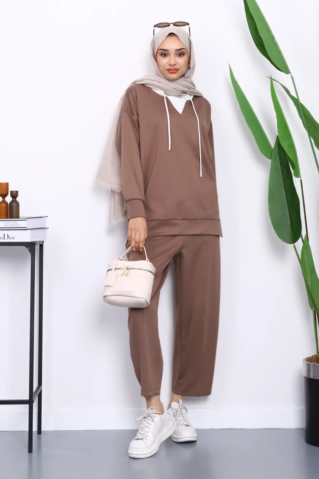 Koyuv Vizon Kapşonlu Tunik Pantolonlu Takım