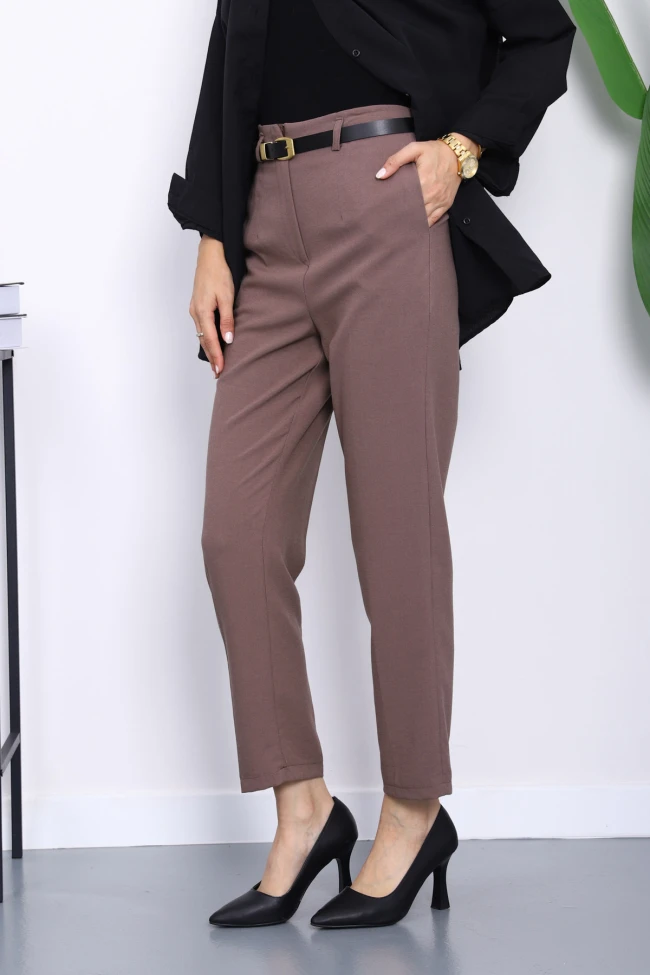 Koyuv Vizon Kemerli Önü Pensli Havuç Kumaş Pantolon