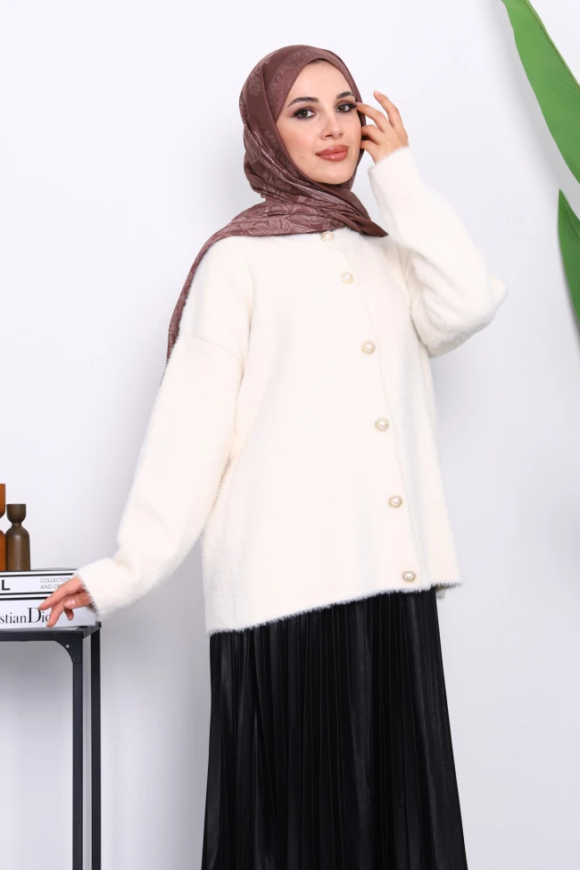 Krem Bisiklet Yaka Angora Yumoş Hırka