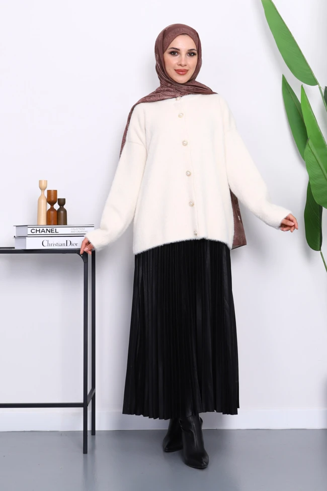 Krem Bisiklet Yaka Angora Yumoş Hırka