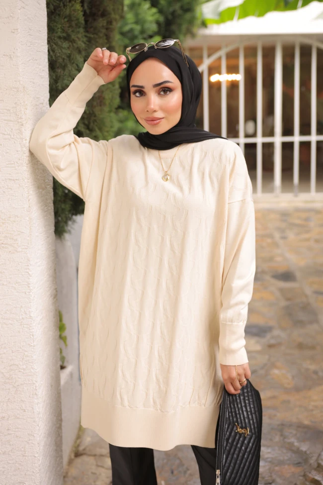 Krem Bisiklet Yaka Soğuk İplik Triko Tunik