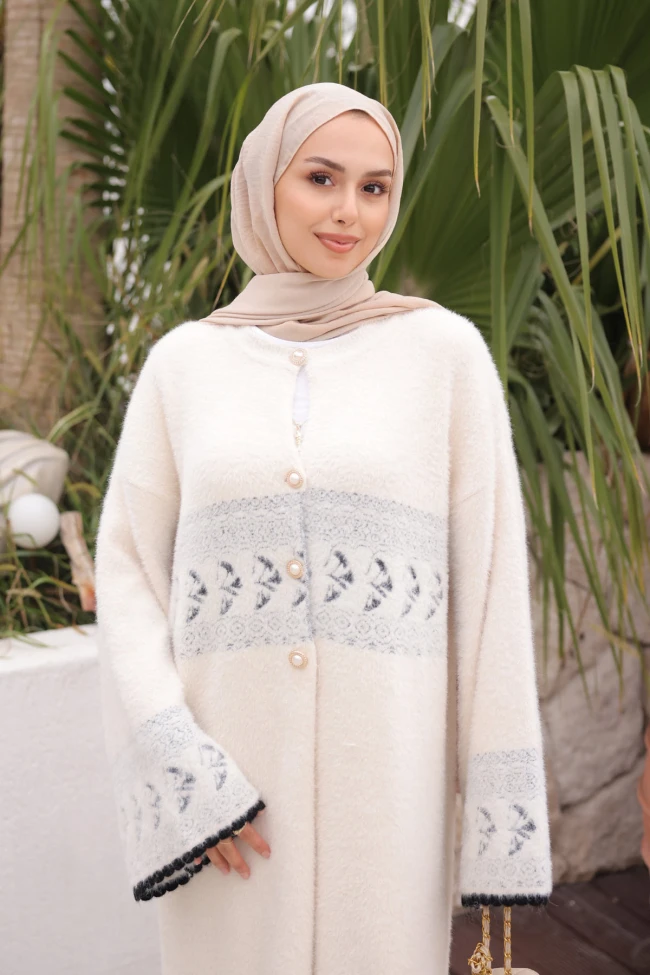 Krem Desenli Angora Yumoş Triko Hırka