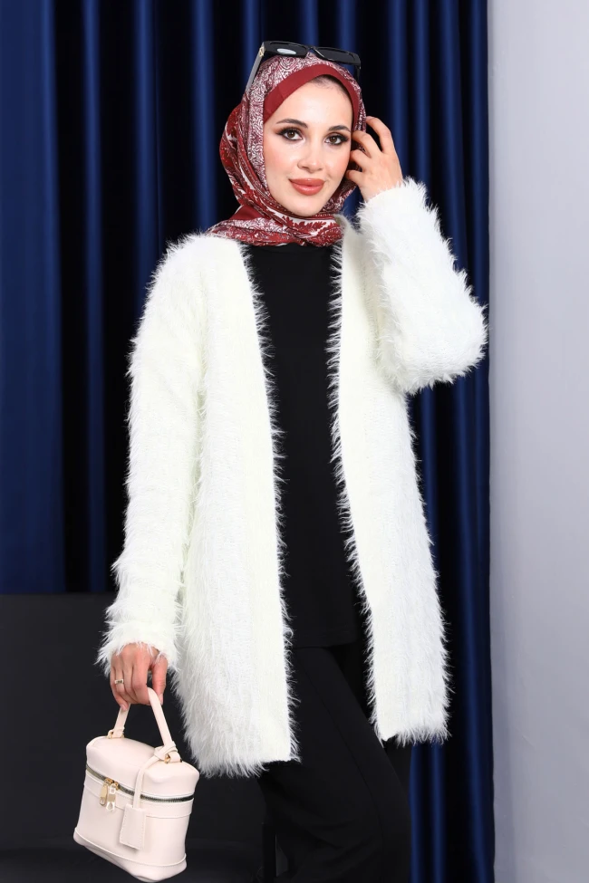 Krem Simli Uzun Angora Yumoş Triko Hırka