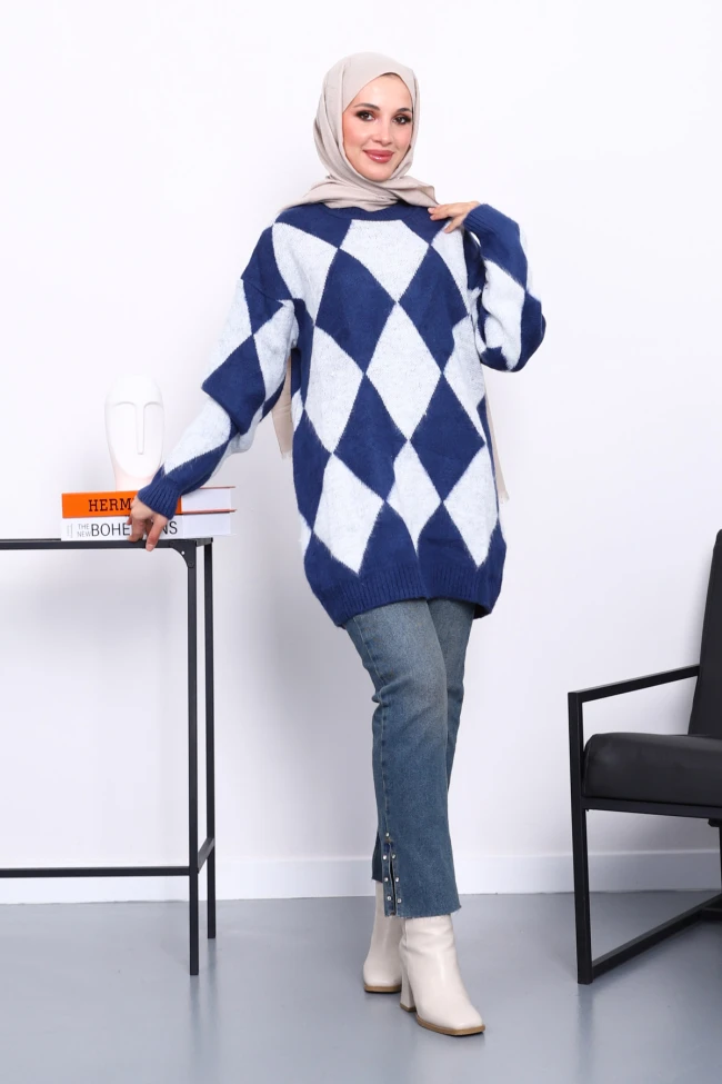 Lacivert Baklava Desenli Triko Kazak