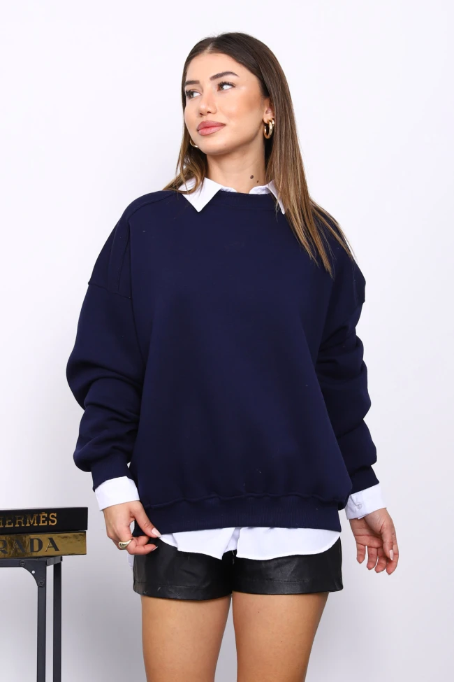 Lacivert Bisiklert Yaka Üç İplik Sweat