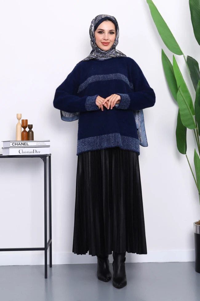 Lacivert Bisiklet Yaka Çizgili Angora Yumoş Triko Kazak