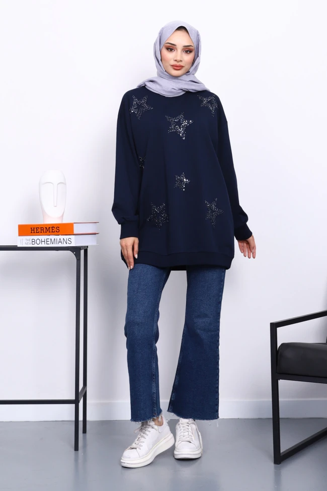 Lacivert Bisiklet Yaka Taşlı Modal Sweatshirt