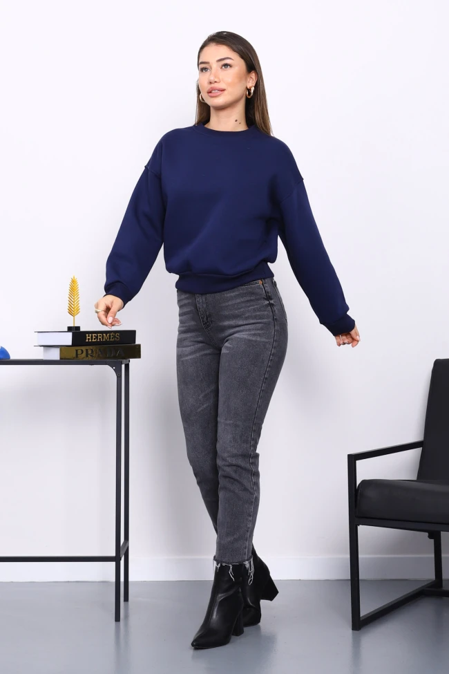 Lacivert Bisiklet Yaka Üç İplik Sweat