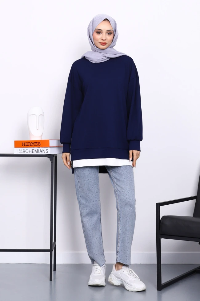 Lacivert Bisiklet Yaka Yan Fermuarlı Tunik