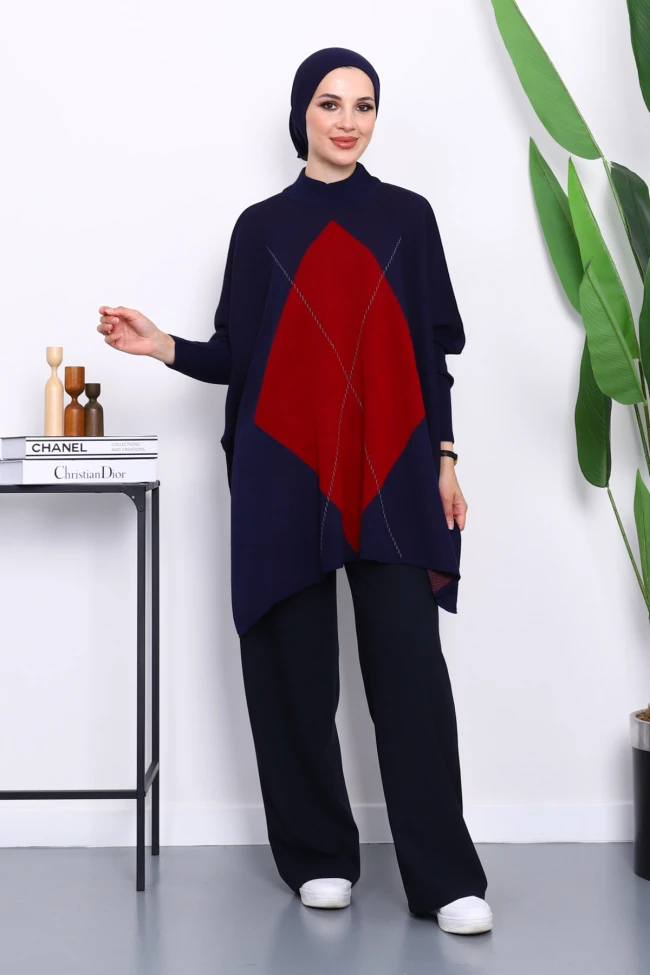 Lacivert Bisiklet Yaka Yan Yırtmaçlı Panço