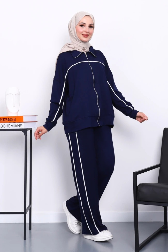 Lacivert Çift Cepli Fermuarlı Biyeli Takım