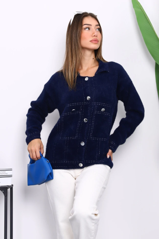 Lacivert Dik Yaka Angora Yumoş Hırka