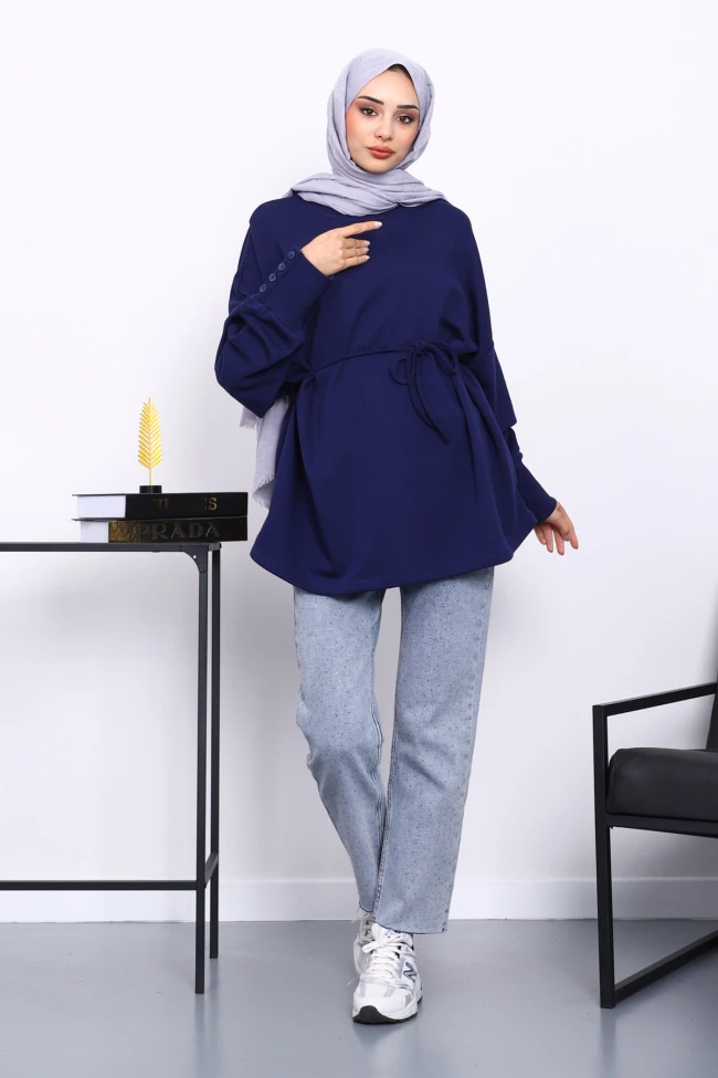 Lacivert Düğme Detaylı Oversize Sweatshirt