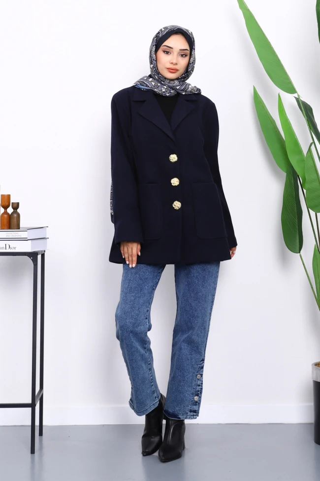 Lacivert Düğmeli Cepli Ceket