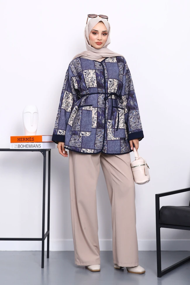 Lacivert Etnik Desenli Çıtçıtlı Ceket