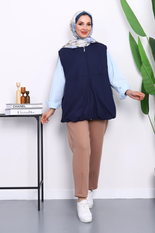 Lacivert Fermuarlı Oversize Astarlı Yelek
