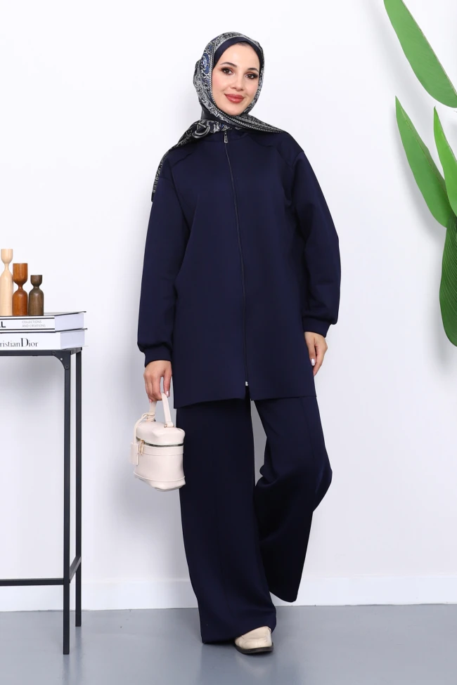 Lacivert Fermuarlı Tunik Pantolonlu Takım