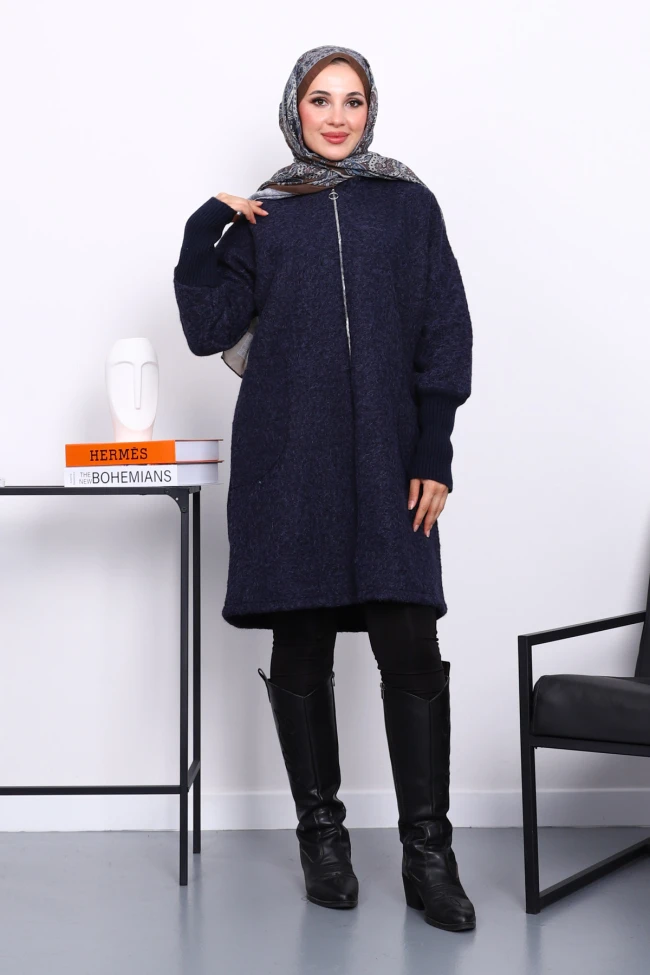 Lacivert Fermuarlı Yün Kaşe Kaban